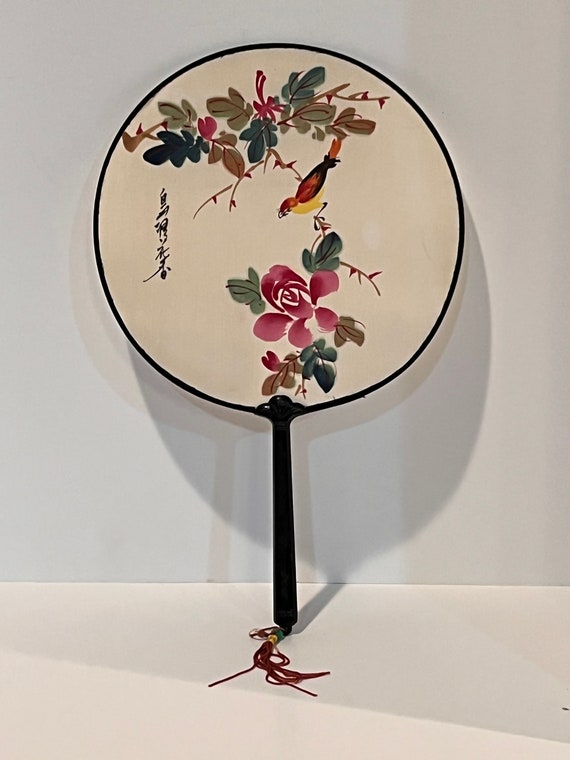 Vintage Hand Painted Silk Fan: Asian Roses & Bird Decor
