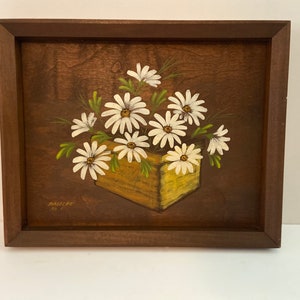 Vintage Langelier  framed and signed original oil painting of daisies on solid wood/ original signed number 1 artwork decor