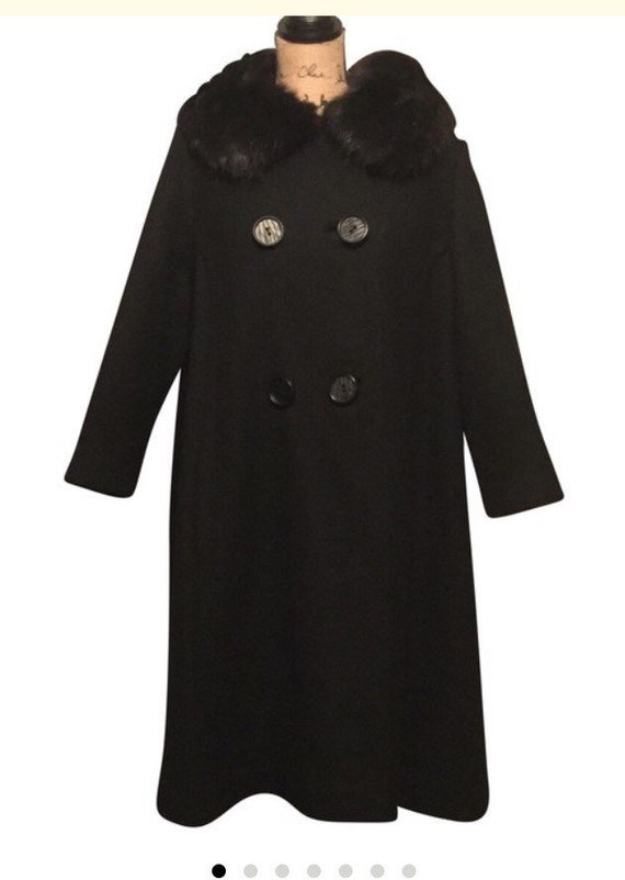 vintage black wool blend swing coat with fur coll… - image 2