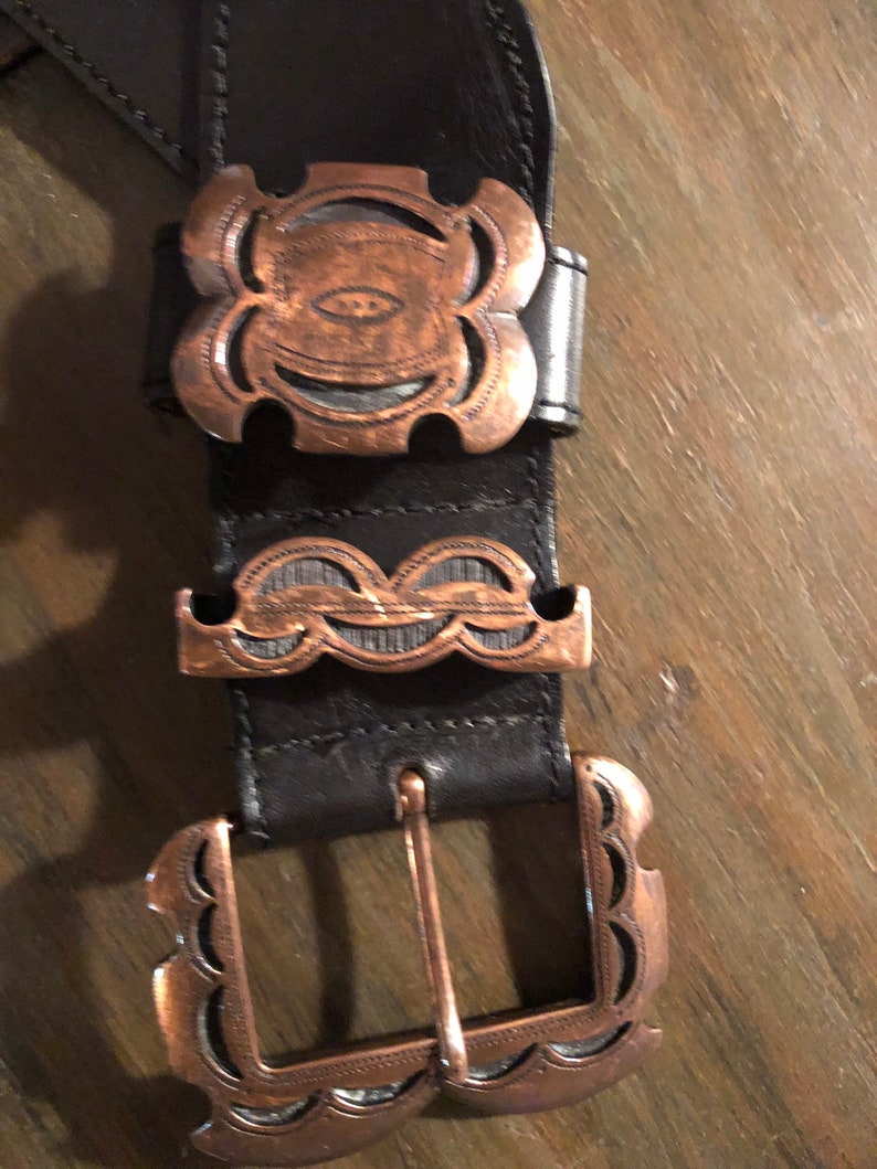 STREETS AHEAD vintage leather belt with copper buckle sideways hang womens acessories