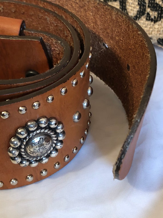 Vintage Brighton Women’s Large Brown Leather Belt with Silver Tabs and Buckle Vintage Brighton Belt / Wide Leather With Silver Accents and  main image 2