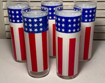 vintage American Patriotic set of 5 tall drinking glasses / 4 th of July drinkware / housewarming gift