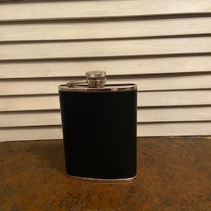 vintage black leather bound stainless steel 8 oz hip flask / Father&#39;s Day gift / bridesgroom gift