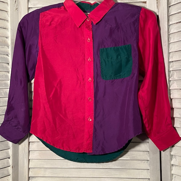 vintage color block little girls 100% silk button down blouse . long sleeve with shoulder pads. / by Loumel Inc.