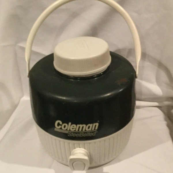 COLEMAN STEEL-BELTED 70's retro green full gallon thermos drink dispenser with handle . Metal reservoir and plastic handle.