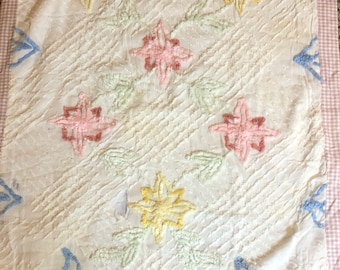 chenille REPURPOSED hand crafted quilted crib blanket SOFT and SWEET / white floral