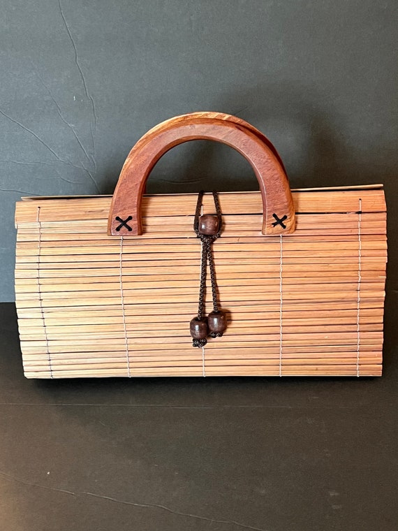 Vintage unique wooden slat clutch purse with handl