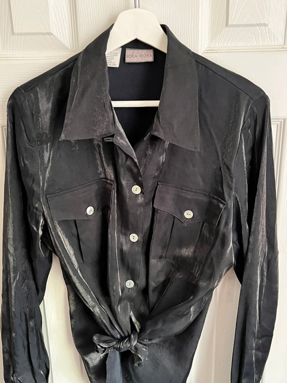 Vintage ladies black shimmer satin blouse by Bora… - image 2