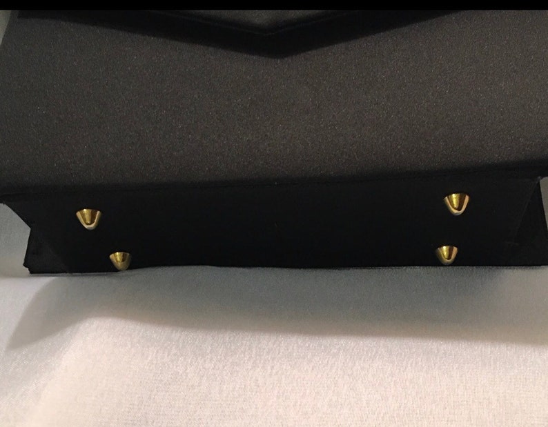 DATE NIGHT ! vintage black satin flap closure square evening bag by Carolyn Barton