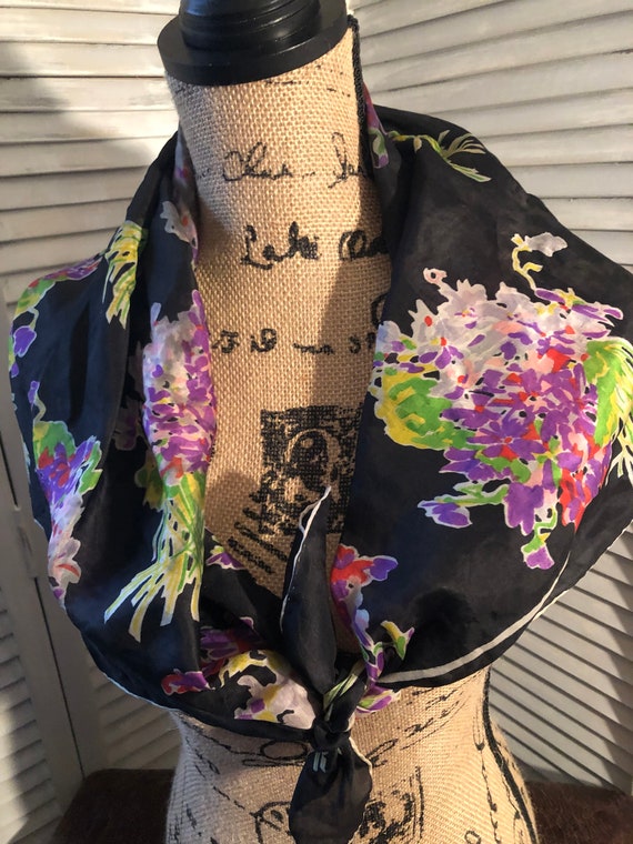 black colorful floral vintage square silk scarf / 