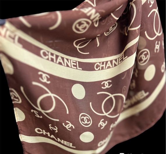 Vintage Chanel silk scarf/ classic brown and gold… - image 1