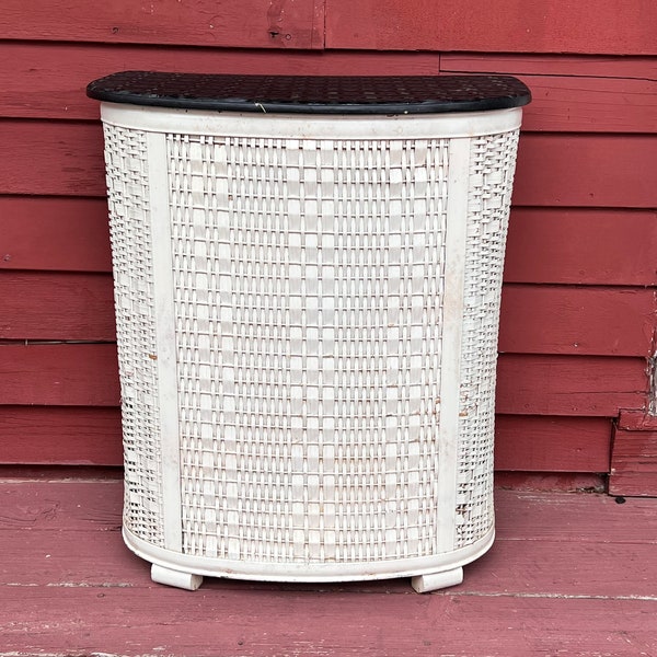 Vintage Pearl Wick mid century 1950’s white wicker large clothes hamper with black lid / mid century home goods