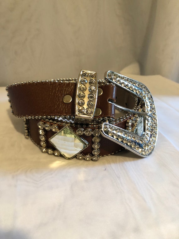 vintage leather rhinestone ladies belt / ladies ac