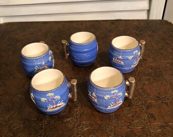 vintage 5 piece hand painted ceramic Saki  set/ Japanese drinkware / oriental decor