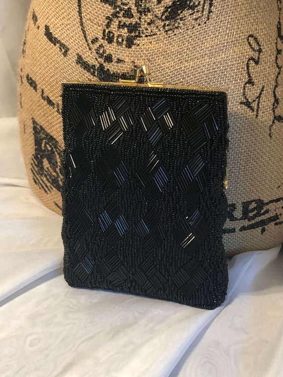 Vintage Hand Made Black Beaded Purse With Gold Chain / Made in 