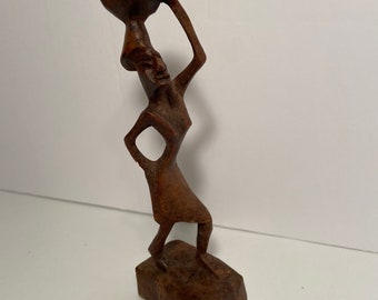 Vintage Carved Wood African Woman Figurine: Dark Wood Home Decor