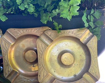 vintage mid century matching pair of brass ashtrays / tobacco home decor