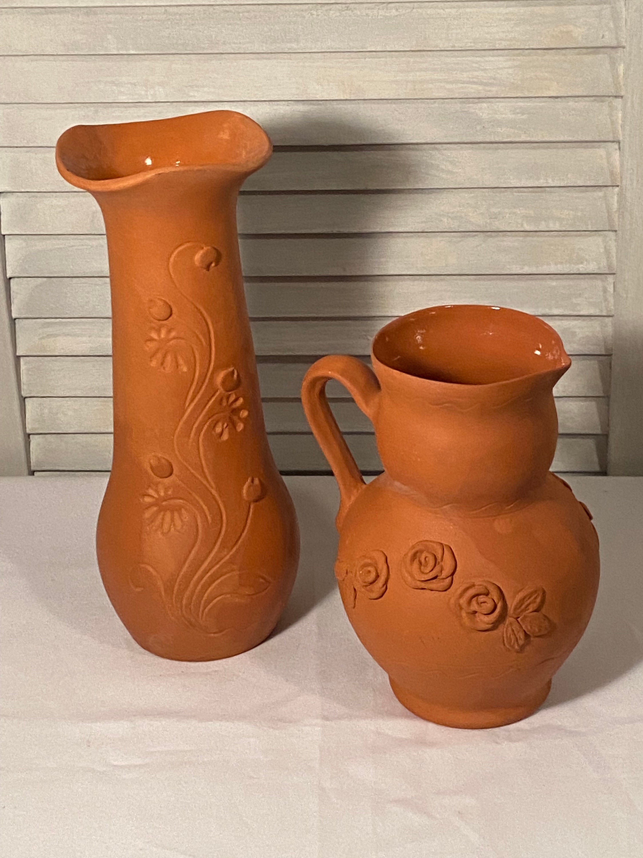 Vintage Moldova Red Clay Vase and Pitcher Set: Rose Bud display picture 1