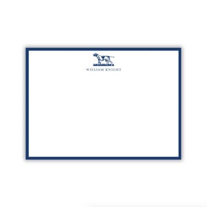 May include: A white stationery card with a dark blue border. The card features a black and white illustration of a dog with the text "WILLIAM KNIGHT" below it.