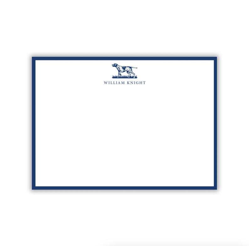 May include: A white stationery card with a dark blue border. The card features a black and white illustration of a dog with the text "WILLIAM KNIGHT" below it.