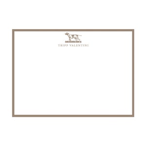 May include: A brown border surrounds a white background with a brown illustration of a dog pointing in the direction of the text "TRIPP VALENTINI" in brown.