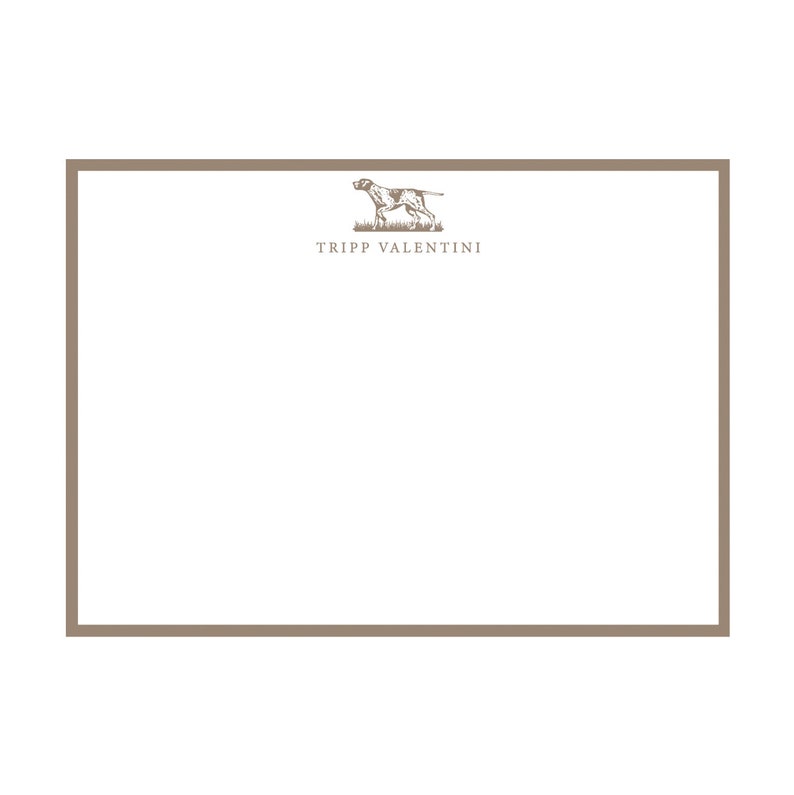 May include: A brown border surrounds a white background with a brown illustration of a dog pointing in the direction of the text "TRIPP VALENTINI" in brown.