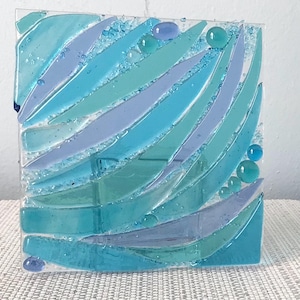 Abstract Turquoise Blue Fused Glass Candle Holder