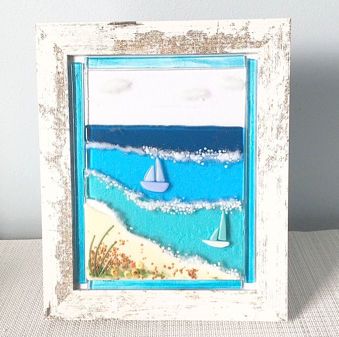 Turquoise Blue Ocean Waves Stained Glass Framed Art Panel SALE! - Etsy