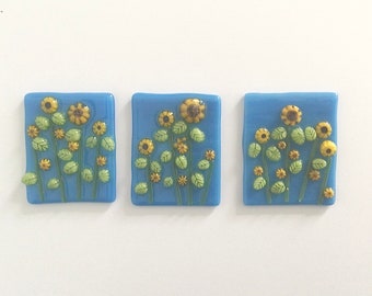 Sunflower Murrini Fused Glass Magnet Set of Three