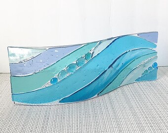 Abstract Turquoise and Blue Ocean Waves Fused Glass Freestanding Panel