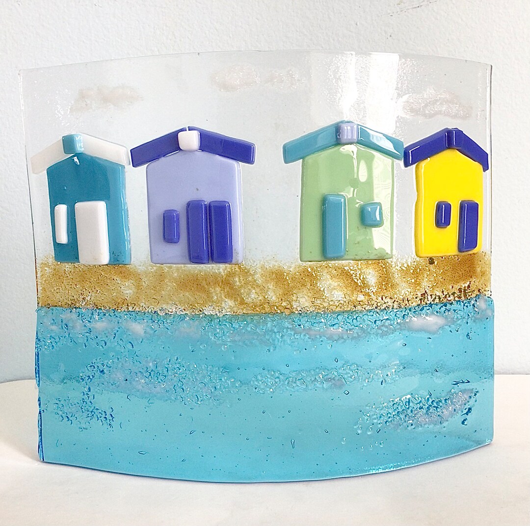 Beach Huts on the Ocean Fused Glass Table Top Art Panel Etsy