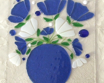 Blue Flowers in Flower Pot Fused Glass Window Panel