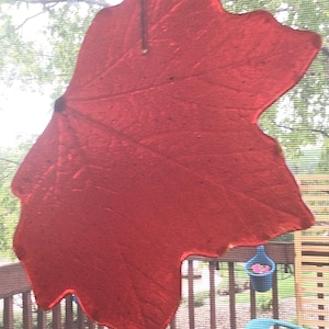 May include: A large, translucent, red leaf-shaped decoration hanging in front of a screen. The leaf has visible veins and a textured surface. The background shows a deck railing, a hanging flower pot, and a glimpse of trees.
