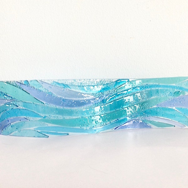 Fused Glass Abstract Turquoise and Blue Ocean Waves Freestanding Tabletop Panel