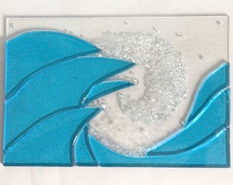 Turquoise Blue Ocean Waves Fused Glass Window Panel