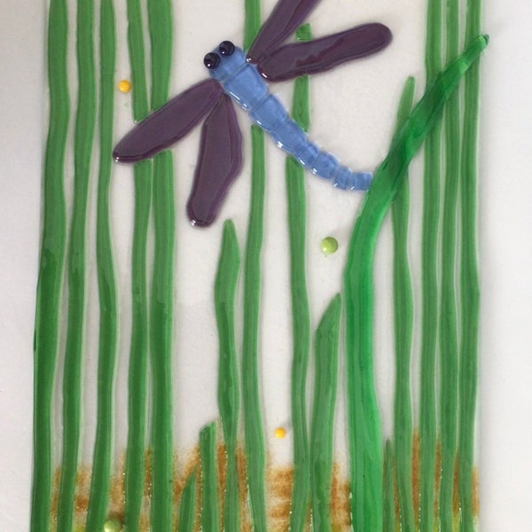 Dragonfly and Tall Grass Stained Glass Fused Window Panel
