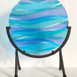 SALE! Abstract Turquoise and Blue Ocean Waves Stained Glass Panel with Wrought Iron Display Stand