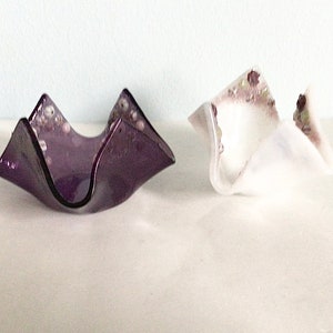 Purple and White Fused Glass Tea Light Set of Two Holders with Floral Murrini