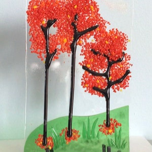 Red Autumn Leaves Stained Glass Fused Glass Panel with Wrought Iron Stand