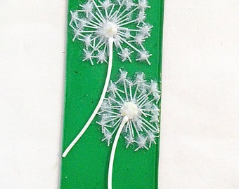 White Dandelion on Green Stained Glass Fused Suncatcher