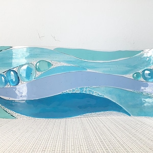 Turquoise Blue Fused Glass Abstract Ocean Waves Freestanding Panel