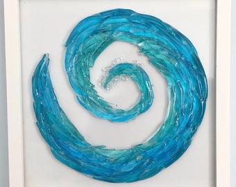 SALE! Ocean Waves Turquoise Blue Stained Glass Fused Wall Panel