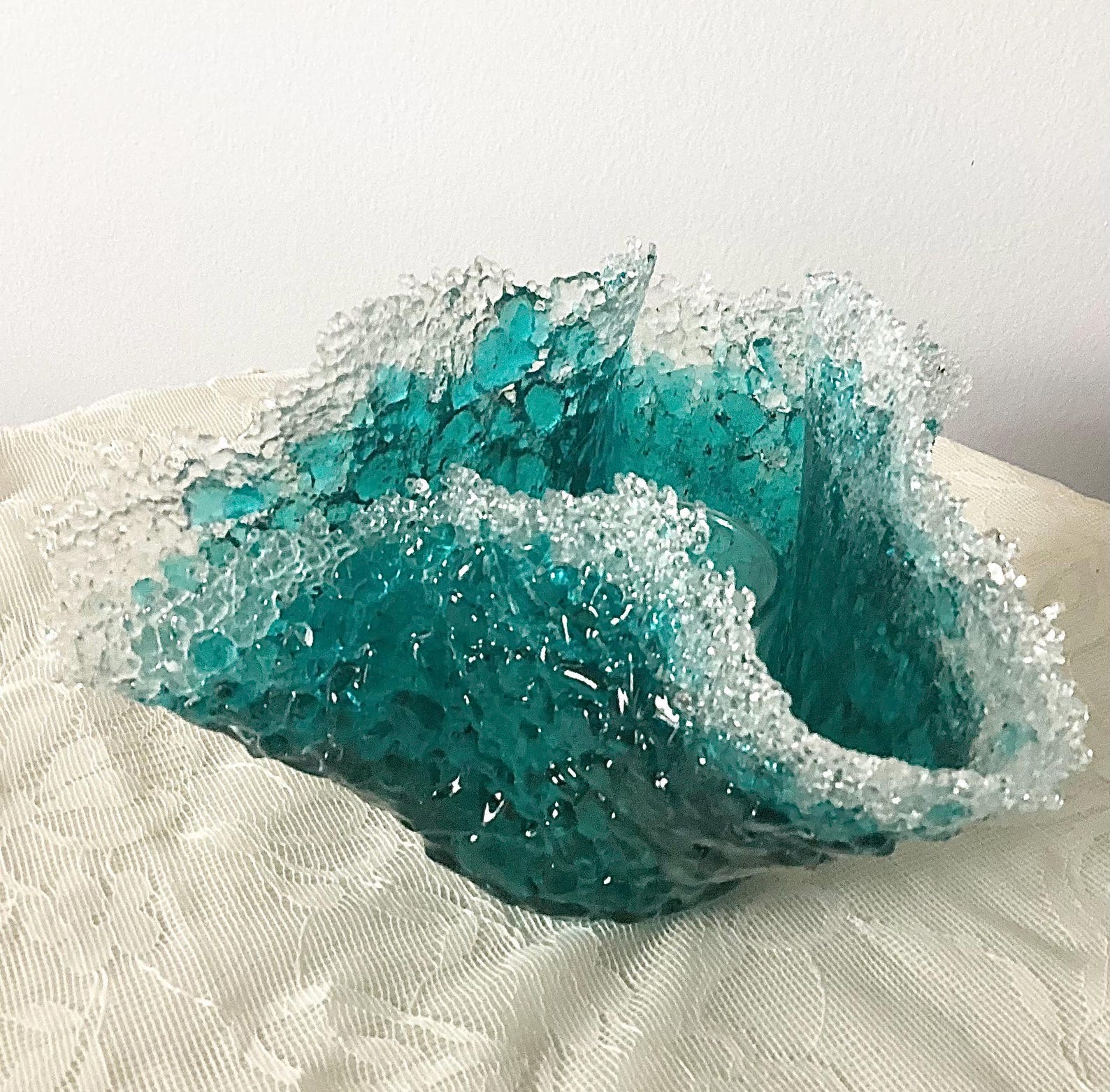 Caribbean Blue Ocean Wave Fused Glass Candleholder with Candle