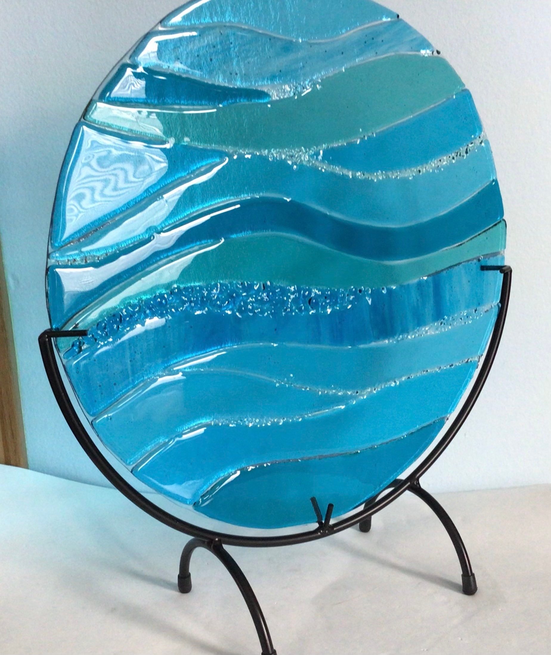 Turquoise Blue Ocean Waves Stained Glass Fused Panel in Metal Base SALE ...