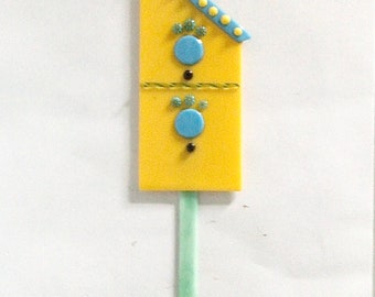 Fused Glass Yellow Birdhouse Plant Stake