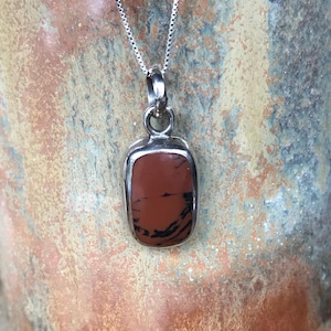 Sterling Silver Rectangle Pendant with Brown Stone, Vintage Necklace, Mahogany Obsidian