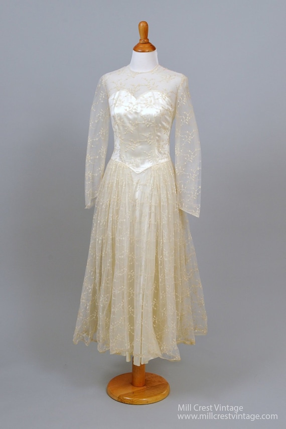 1950 Embroidered Chiffon Vintage Wedding Gown