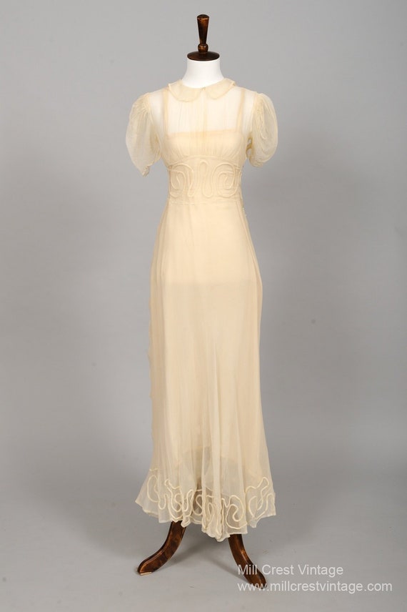 1930 Sheer Butter Embroidered Vintage Wedding Dres