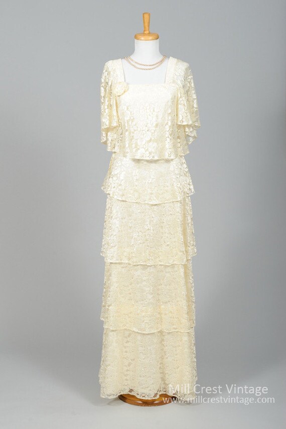 1970 Ivory Tiered Vintage Wedding Gown