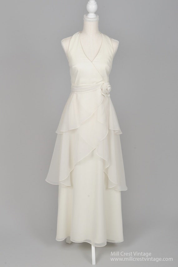 1970 White Tiered Chiffon Vintage Wedding Gown